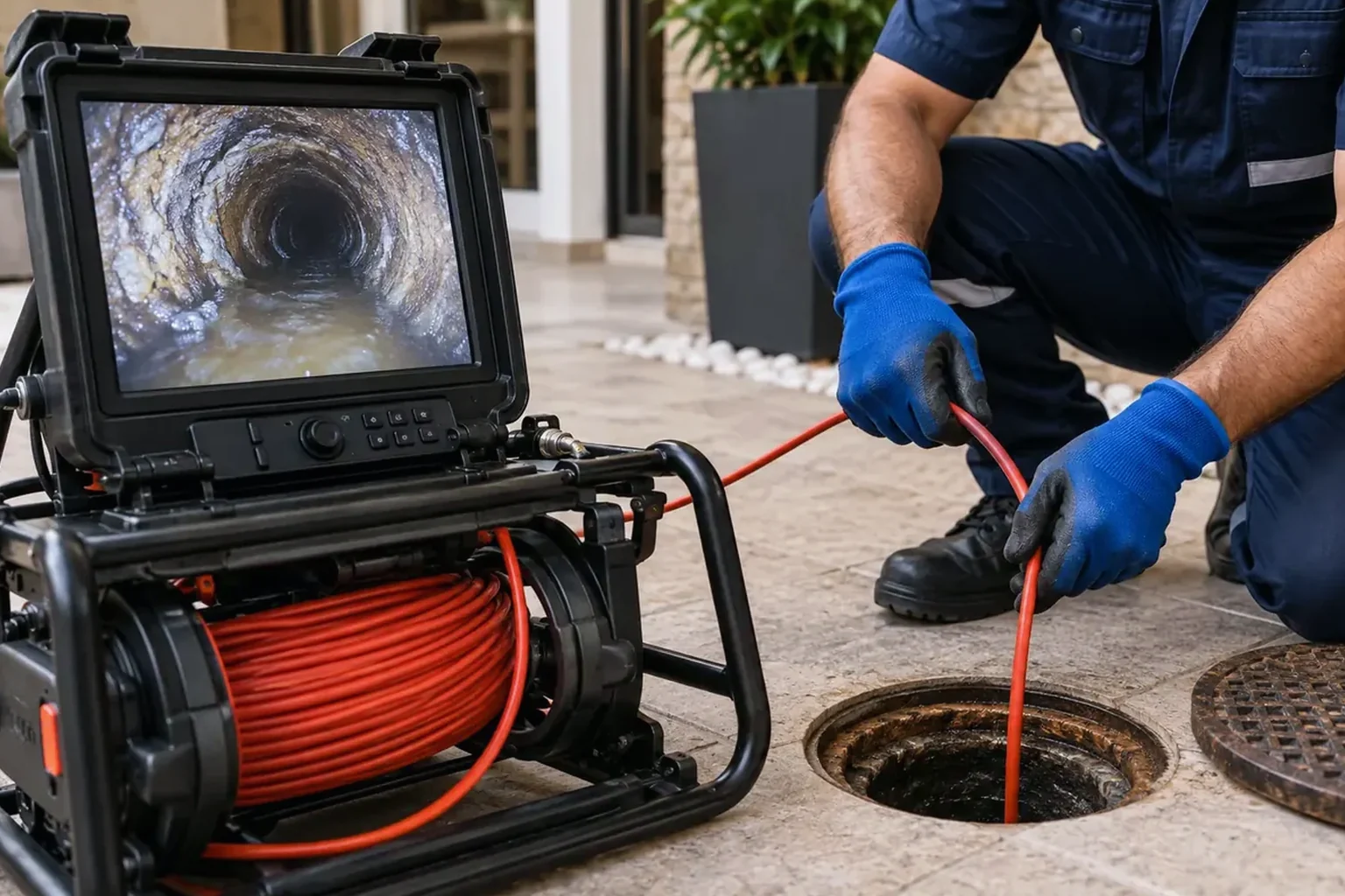 Profissionais em manutenção preventiva de redes de esgoto, utilizando equipamentos apropriados em Piraquara.
