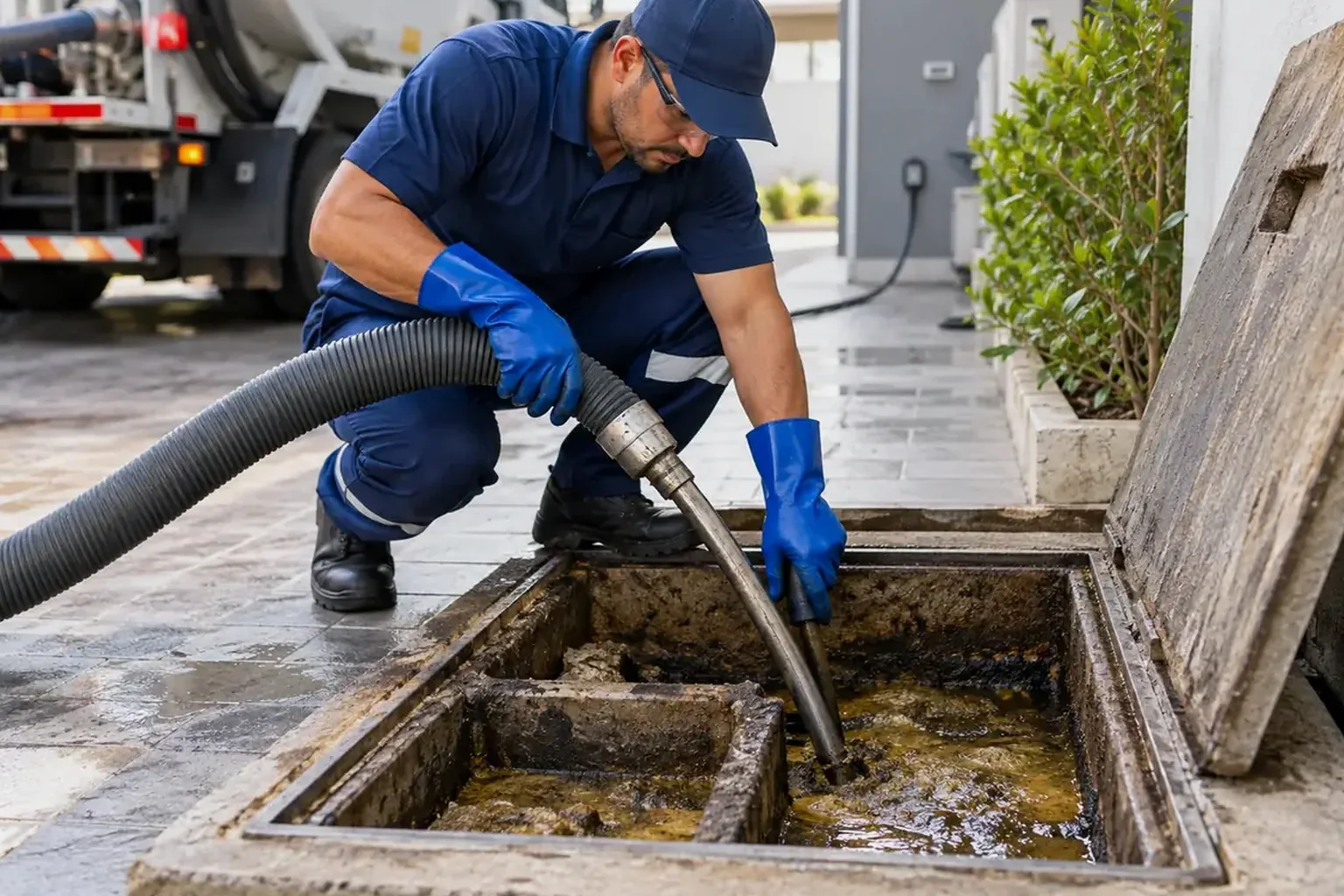 Profissional limpando fossa séptica, com equipamentos adequados em Piraquara.