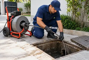 Profissional realizando desentupimento de esgoto, utilizando equipamentos em Piraquara.