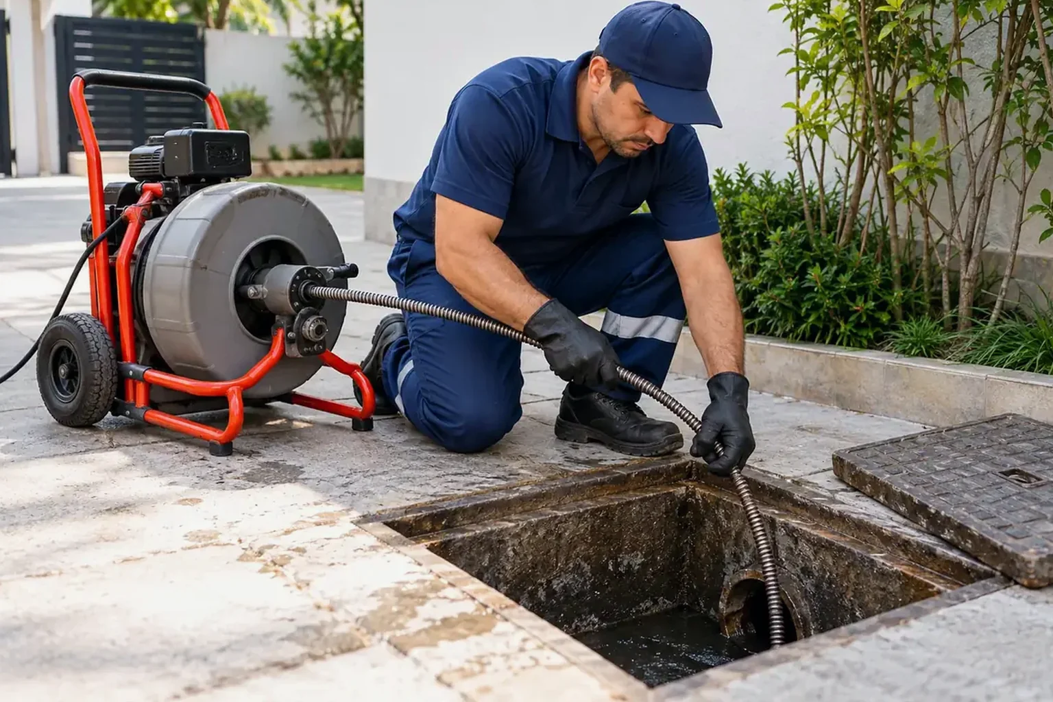 Profissional realizando desentupimento de esgoto, utilizando equipamentos em Piraquara.