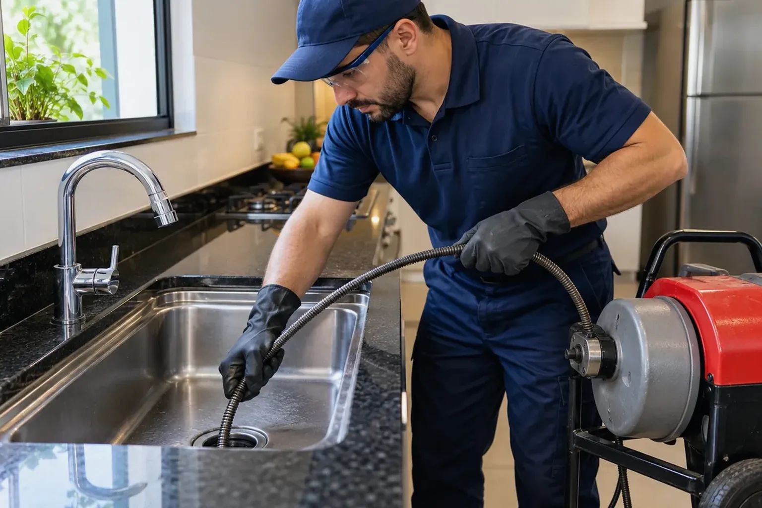 Profissional realizando desentupimento de pia, usando ferramentas adequadas em Piraquara.