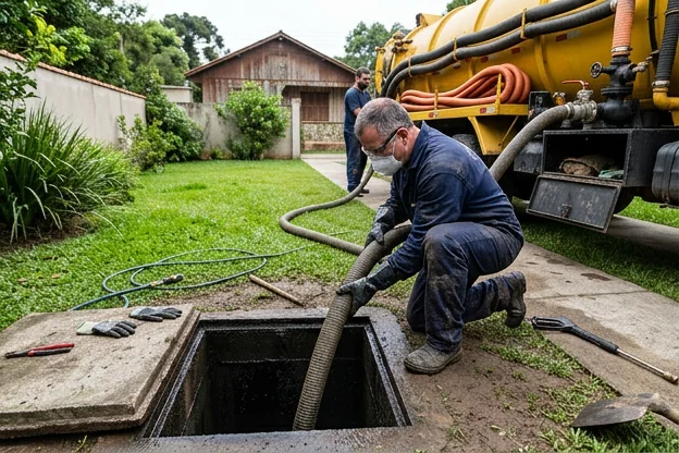 Profissional trabalhando na limpeza de fossa séptica em Piraquara.