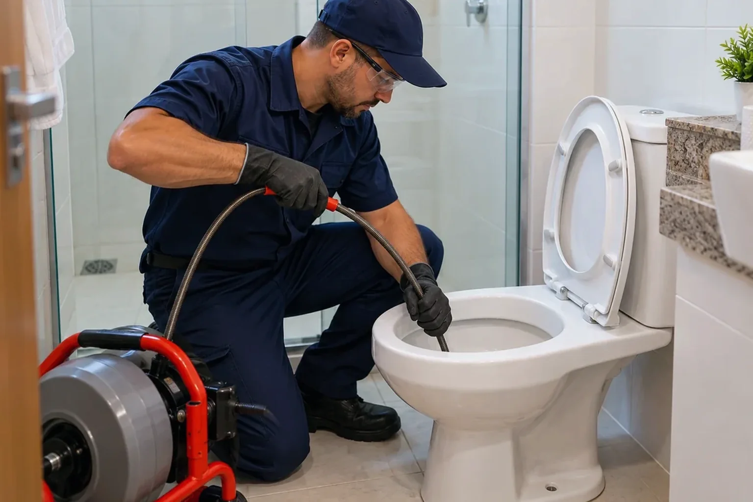 Técnico executando desentupimento de vaso sanitário, usando equipamento especializado em Piraquara.