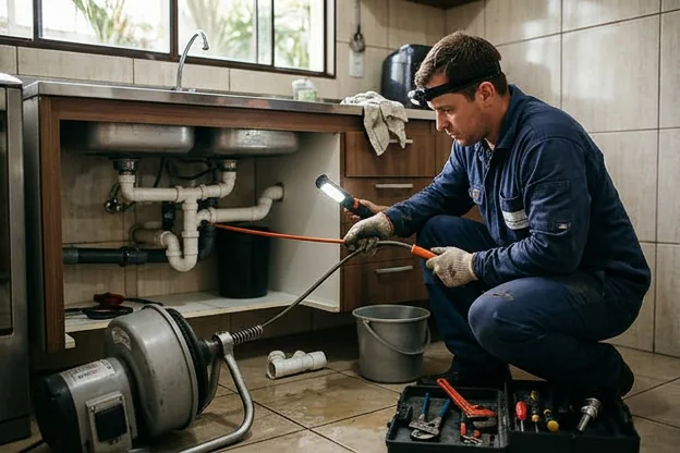 Técnico inspecionando canos em casa, com ferramentas de prevenção de entupimentos em Piraquara.
