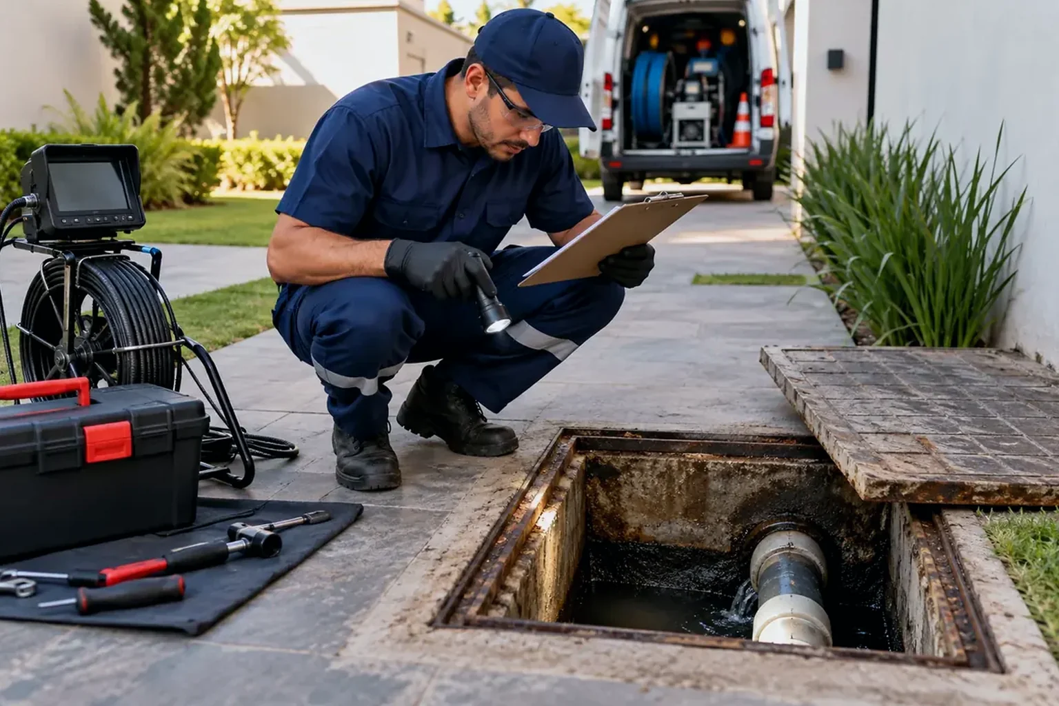 Técnico prestando atendimento emergencial de desentupimento, com ferramentas em Piraquara.