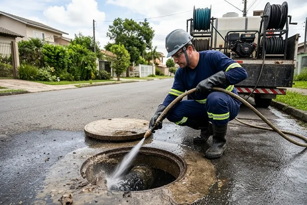 Técnico realizando hidrojateamento para desentupimento em Piraquara.