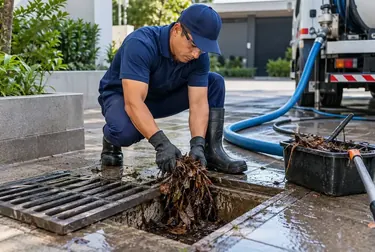 Técnico realizando limpeza de caixa de gordura, utilizando ferramentas para manutenção em Piraquara.